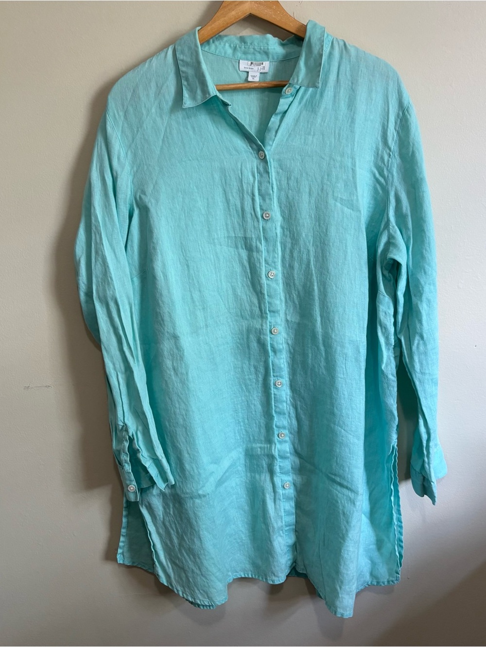 J.Jill Love Linen XL Aqua Mint Oversized 100% Linen Long Button Up Shirt